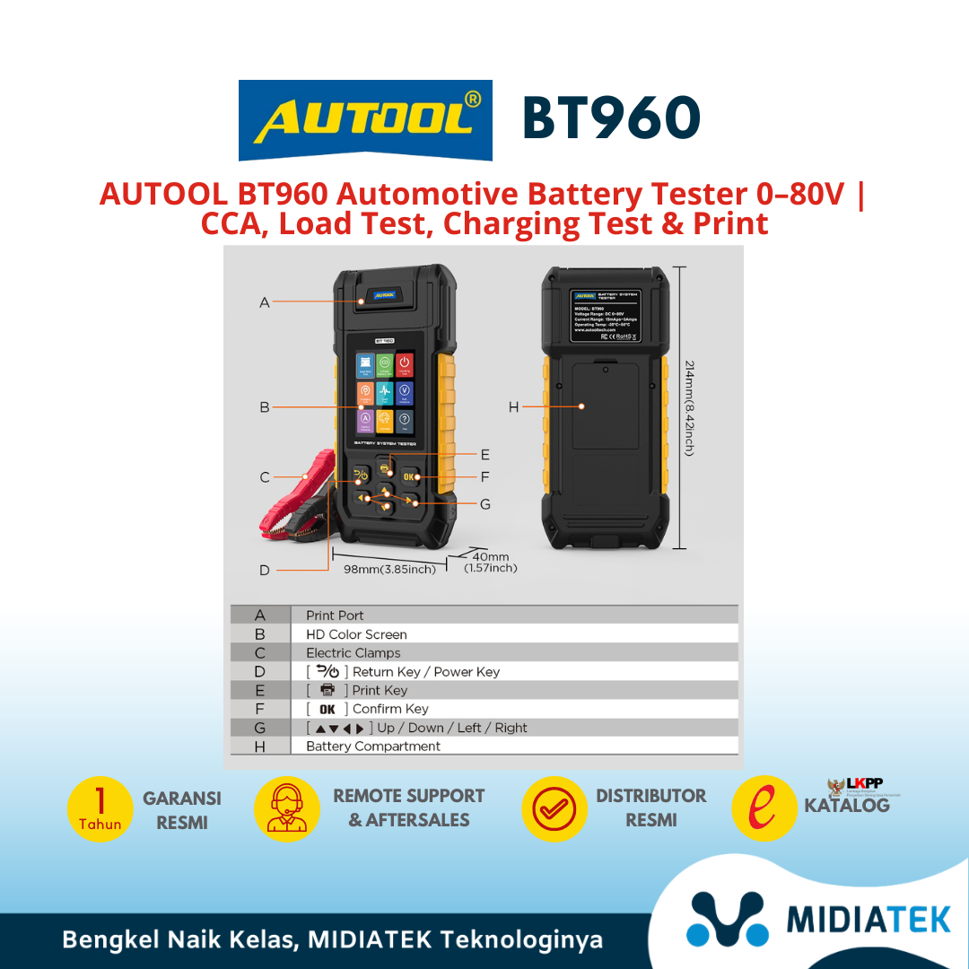 AUTOOL BT960 Automotive Battery Tester 0–80V | CCA, Load Test, Charging Test & Print — foto 2