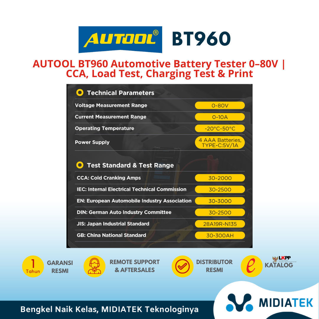 AUTOOL BT960 Automotive Battery Tester 0–80V | CCA, Load Test, Charging Test & Print — foto 3