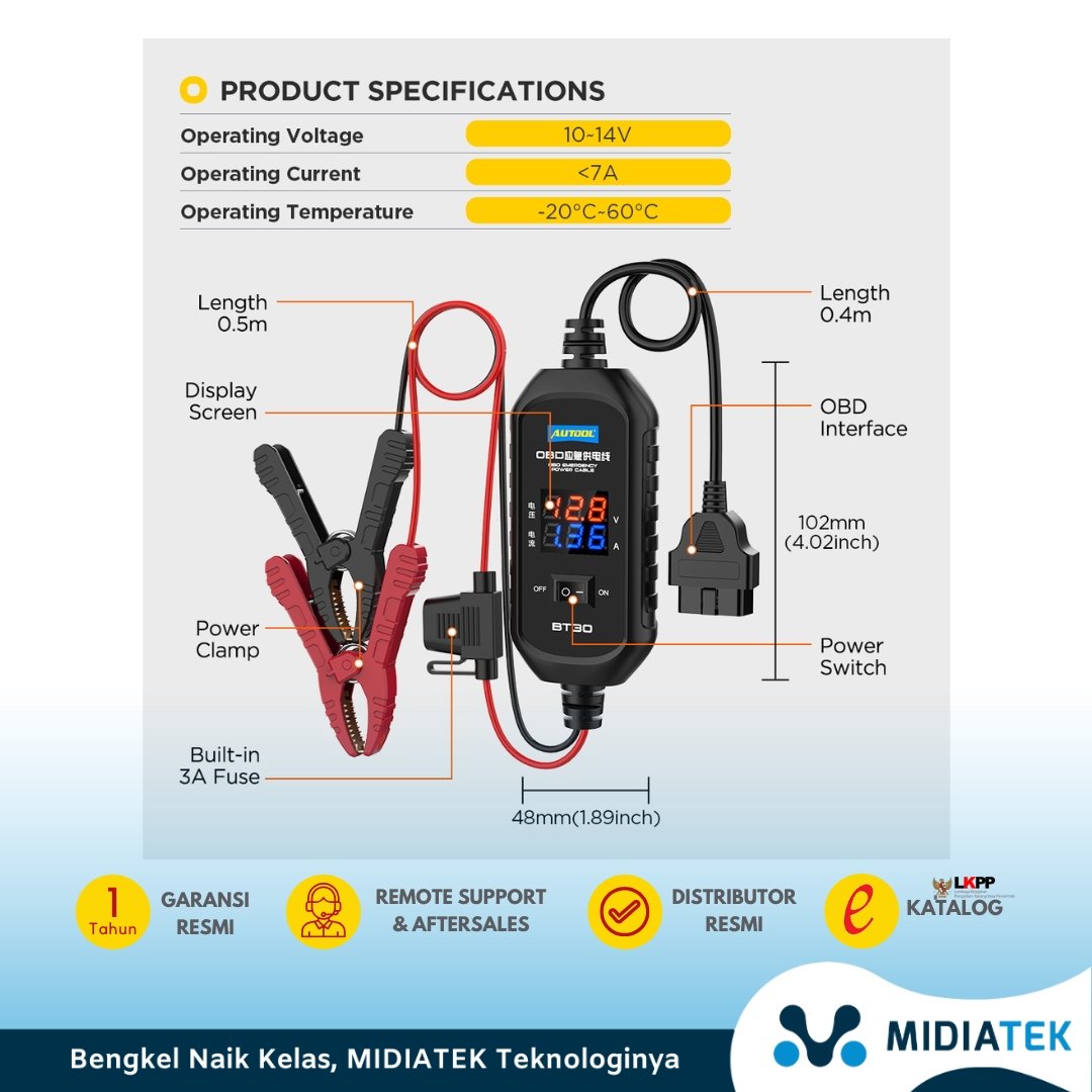 AUTOOL BT30 OBD Emergency Power Supply  Kabel Memory Saver Aki Mobil dengan Layar Digital — foto 3